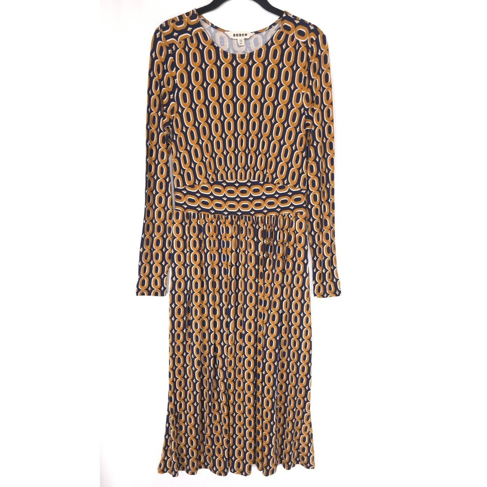BODEN Women’s Thea Midi Dress Mustard 4R Geometric Jersey Long Sleeve D1059